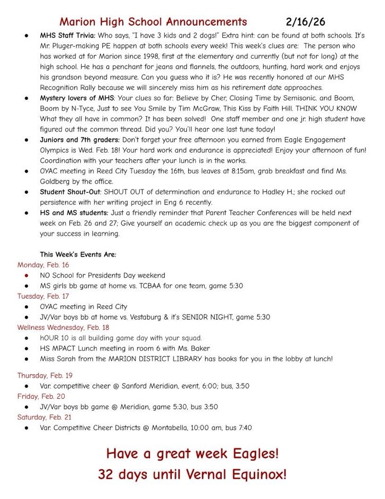 MHS Weekly Announcements