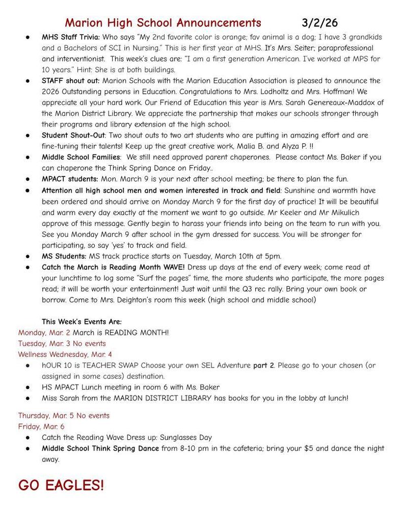 MHS Weekly Announcments