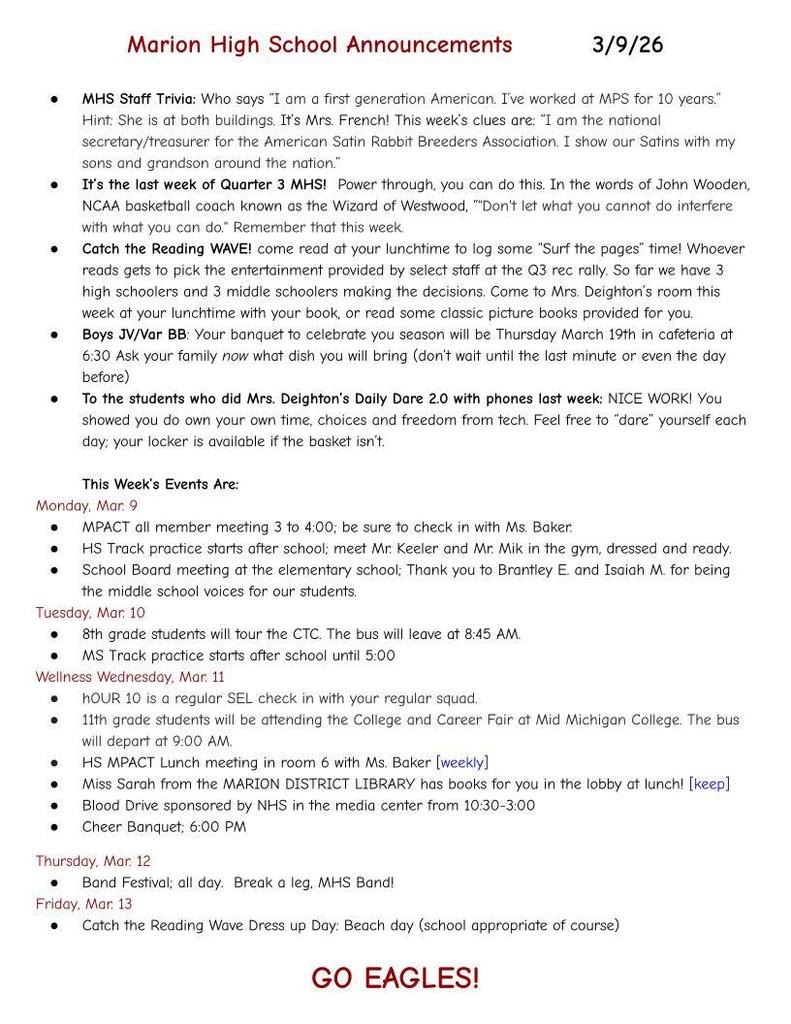 MHS Weekly Announcements
