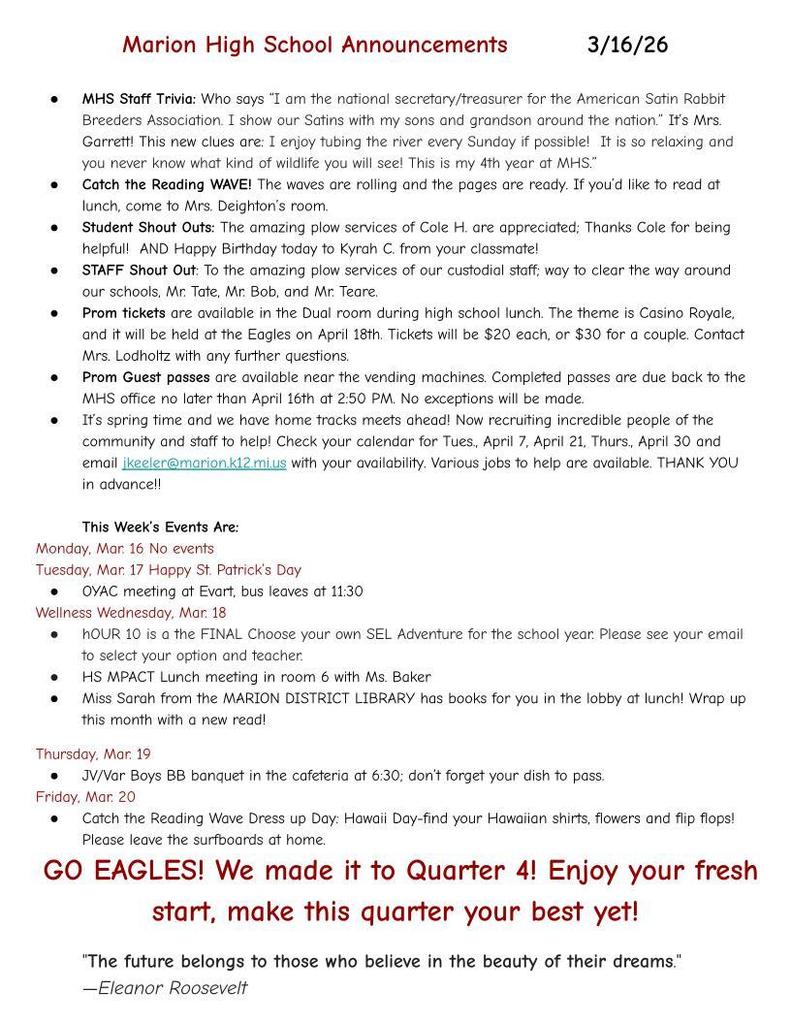 MHS Weekly Announcments