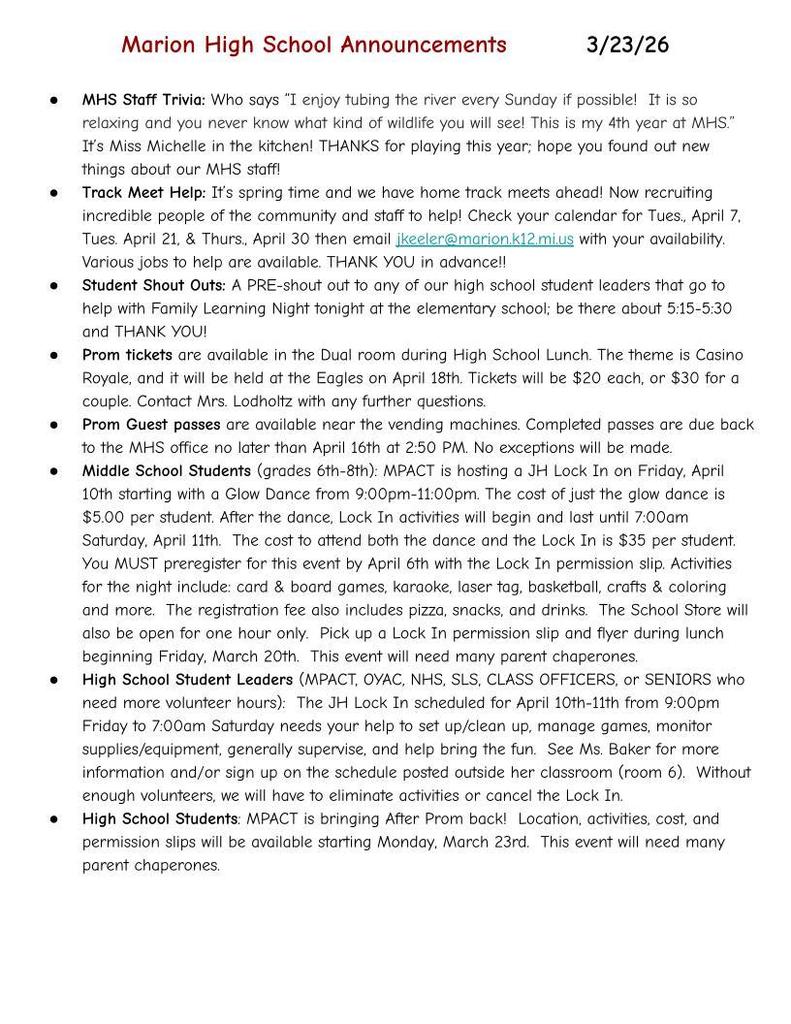 MHS Weekly Announcments