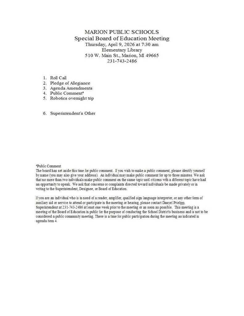 Special Board Meeting Agenda