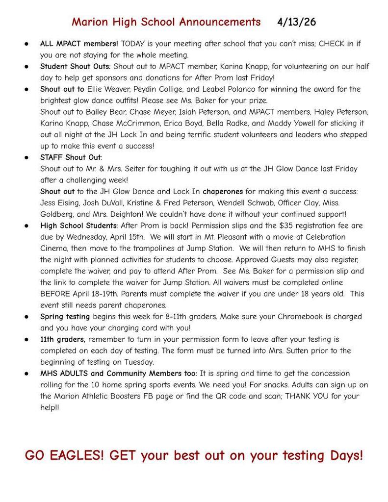 MHS Weekly Announcements