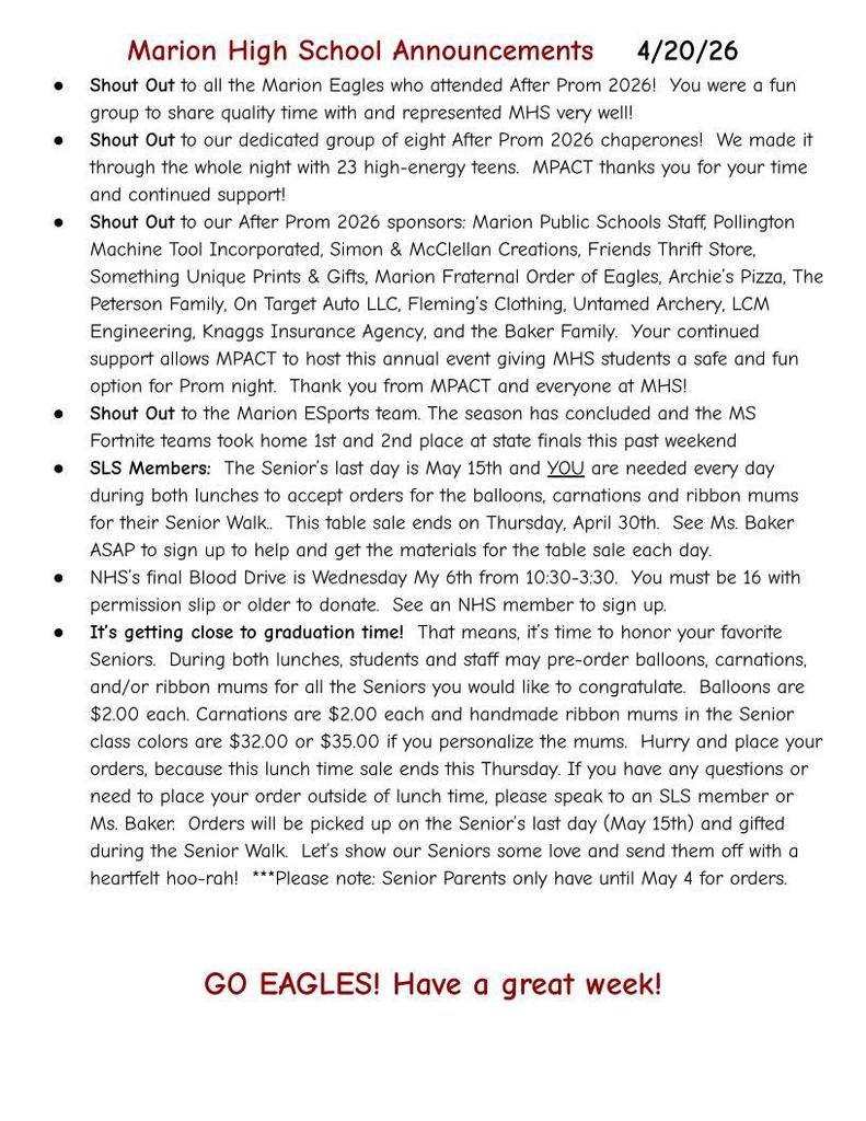 MHS Weekly Announcments