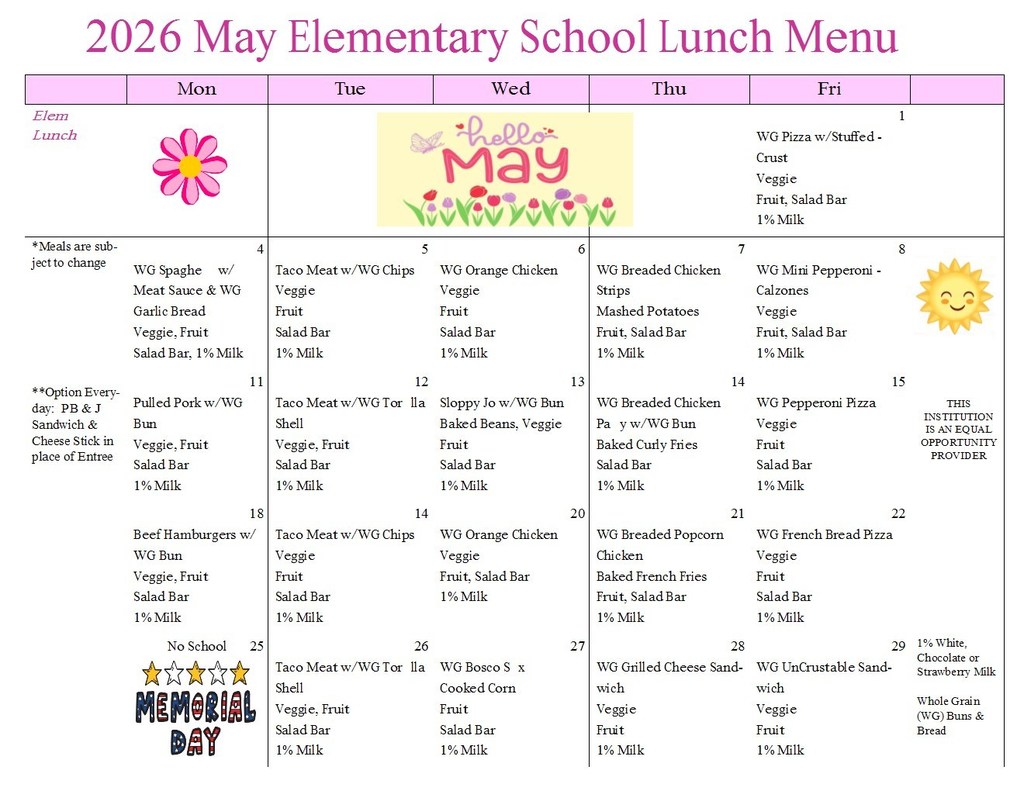Elementary Breakfast and Lunch Menus for May