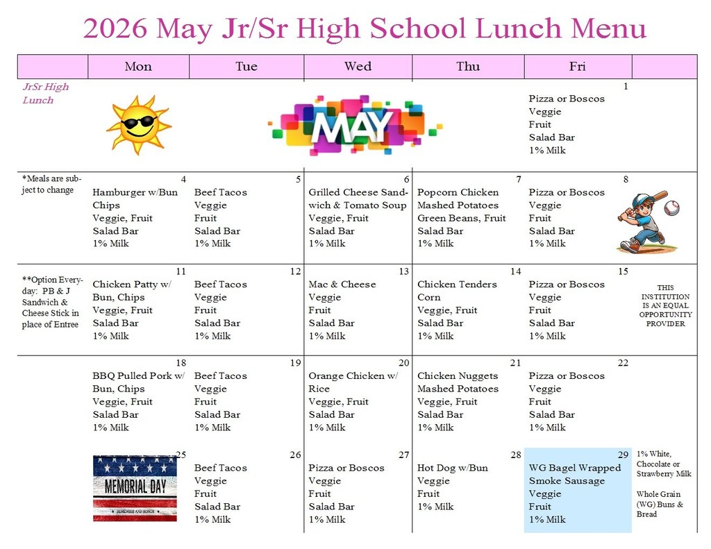 JR/SR High Breakfast and Lunch Menus for May