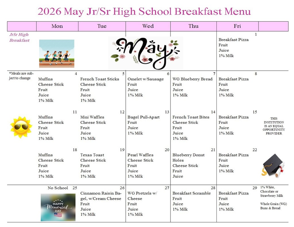 JR/SR High Breakfast and Lunch Menus for May