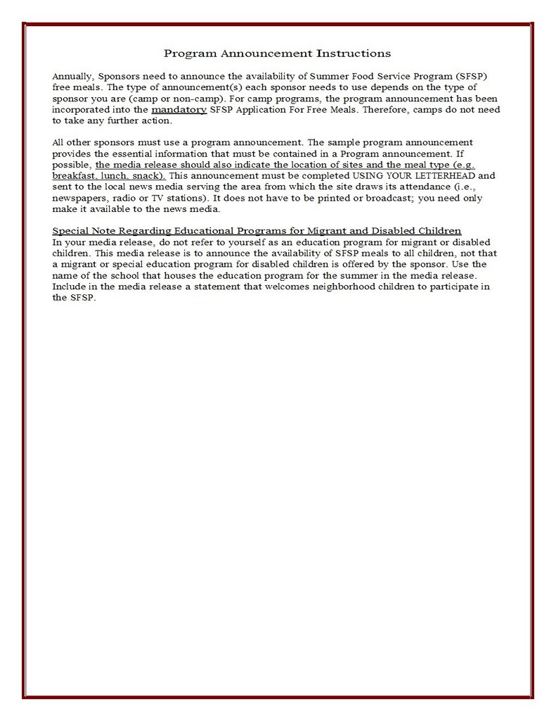 Summer Food Program Announcement