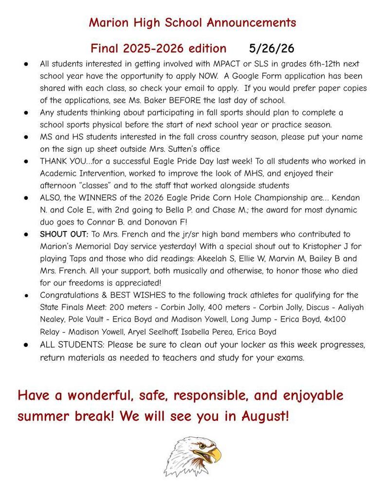 MHS Weekly Announcments