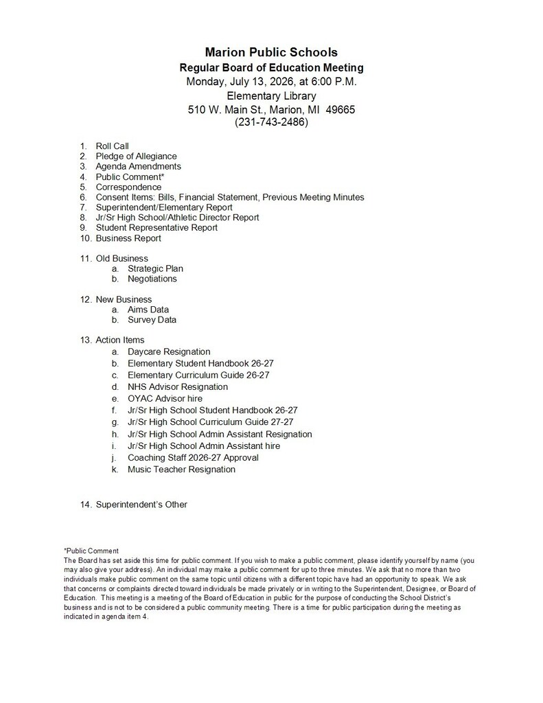 school board meeting agenda