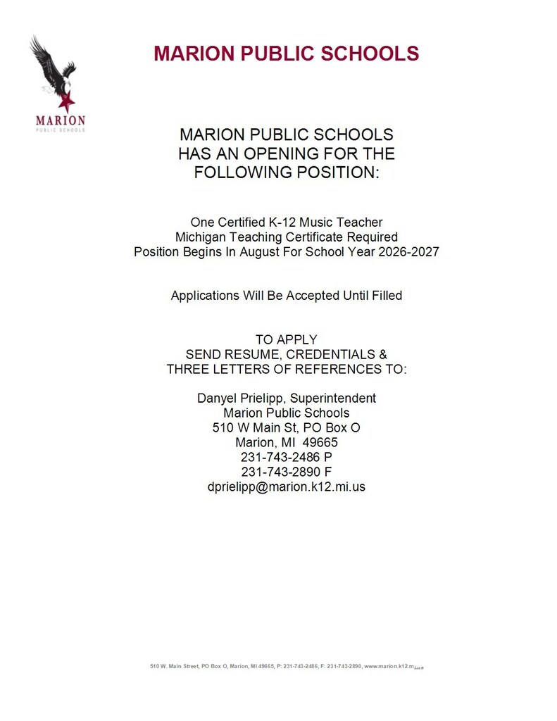 Opening for music teacher