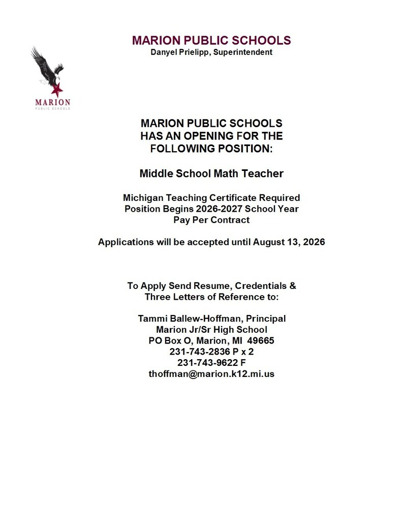 Opening for Middle School Math Teacher