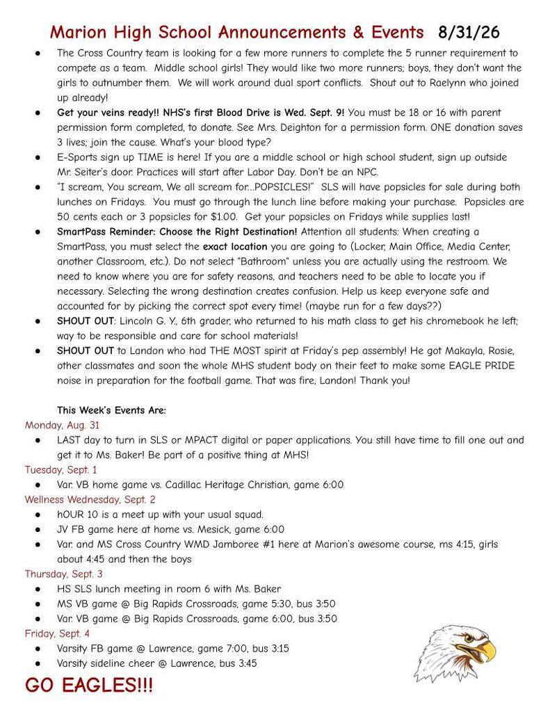 Marion High School Announcements and Events