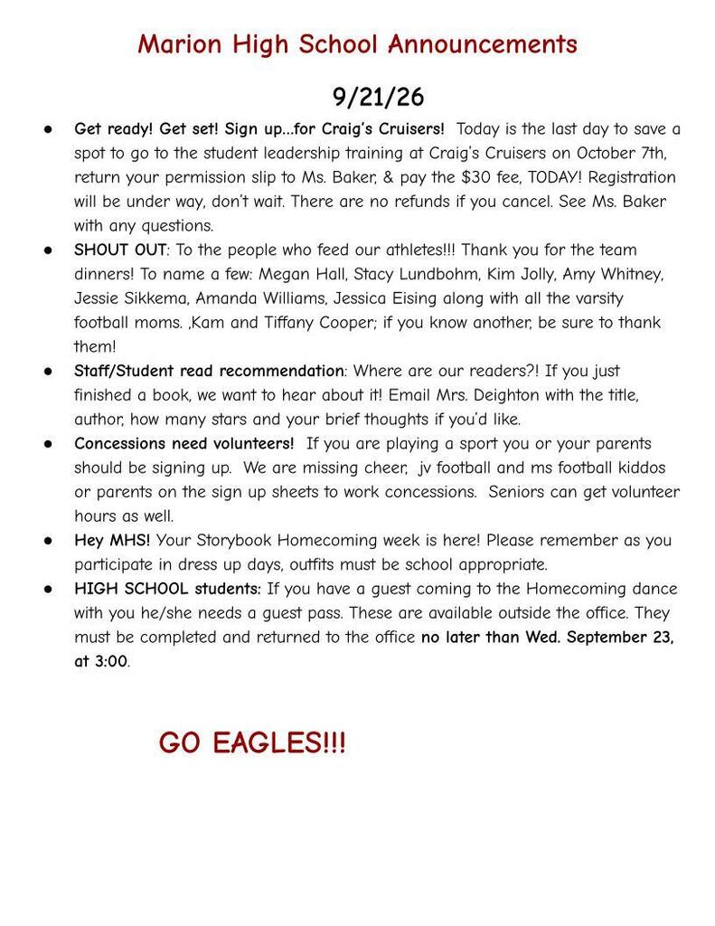 MHS Weekly Announcements