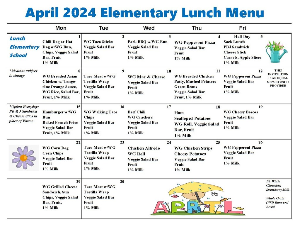 Elementary lunch menu for April.