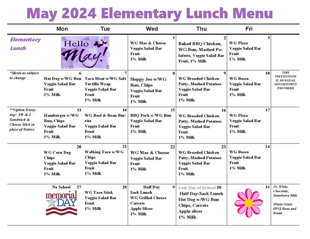 Elementary lunch menu for the month of May.