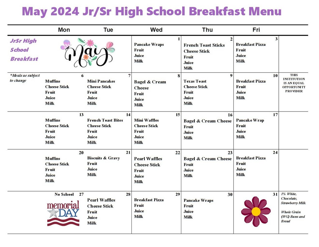 High School breakfast menu for the month of May.