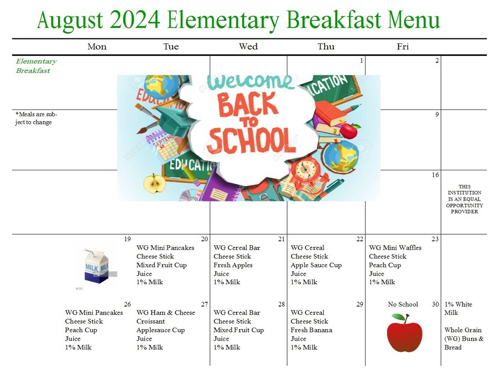 August elementary breakfast menu