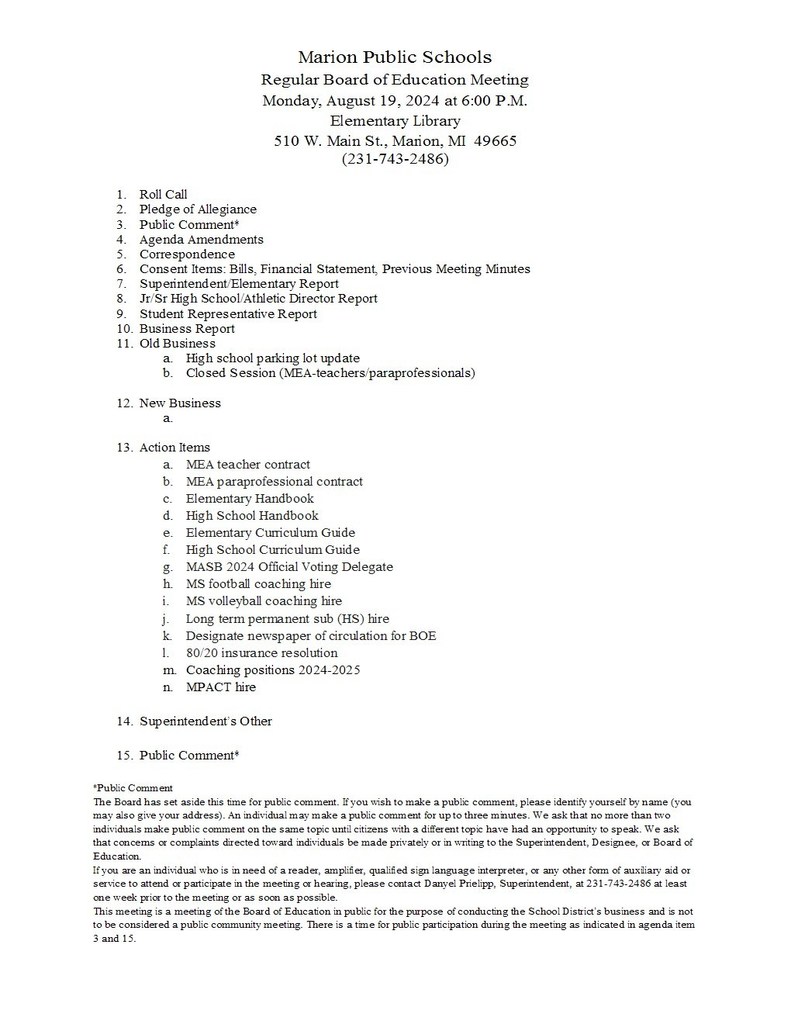 Regular Board of Education Meeting Agenda for August.