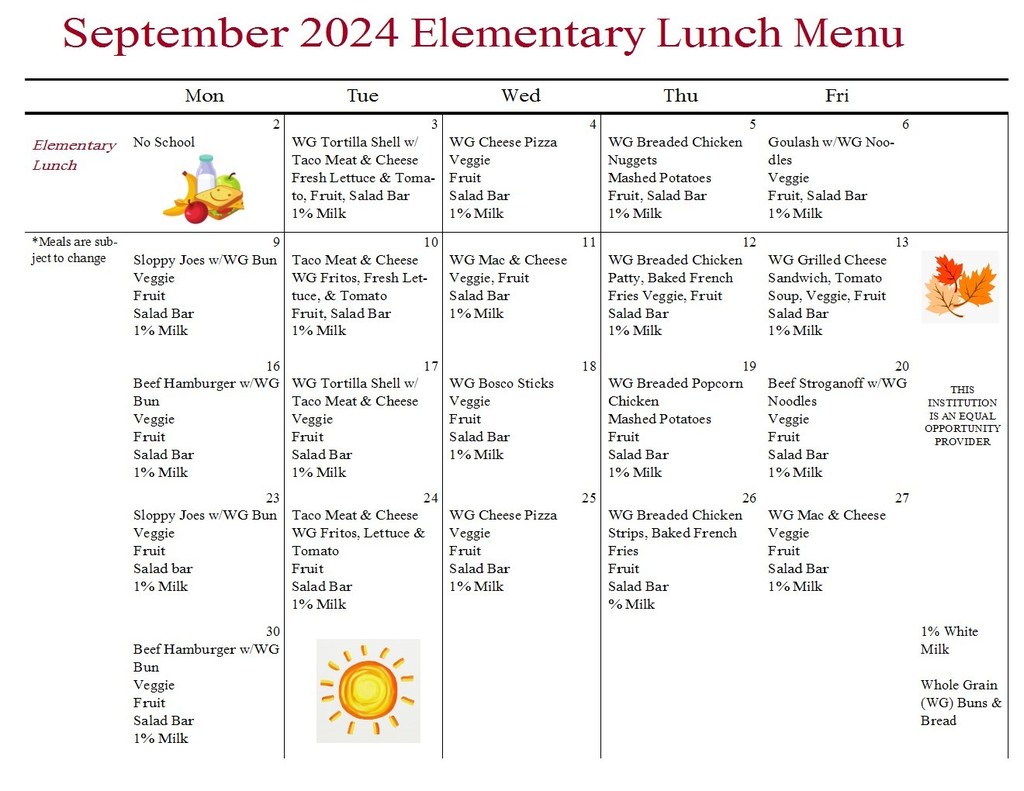 Elementary September lunch menu