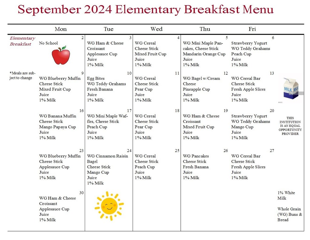 Elementary September breakfast menu