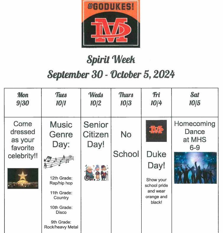 Spirit Week 9-30-24 to 10-5-24