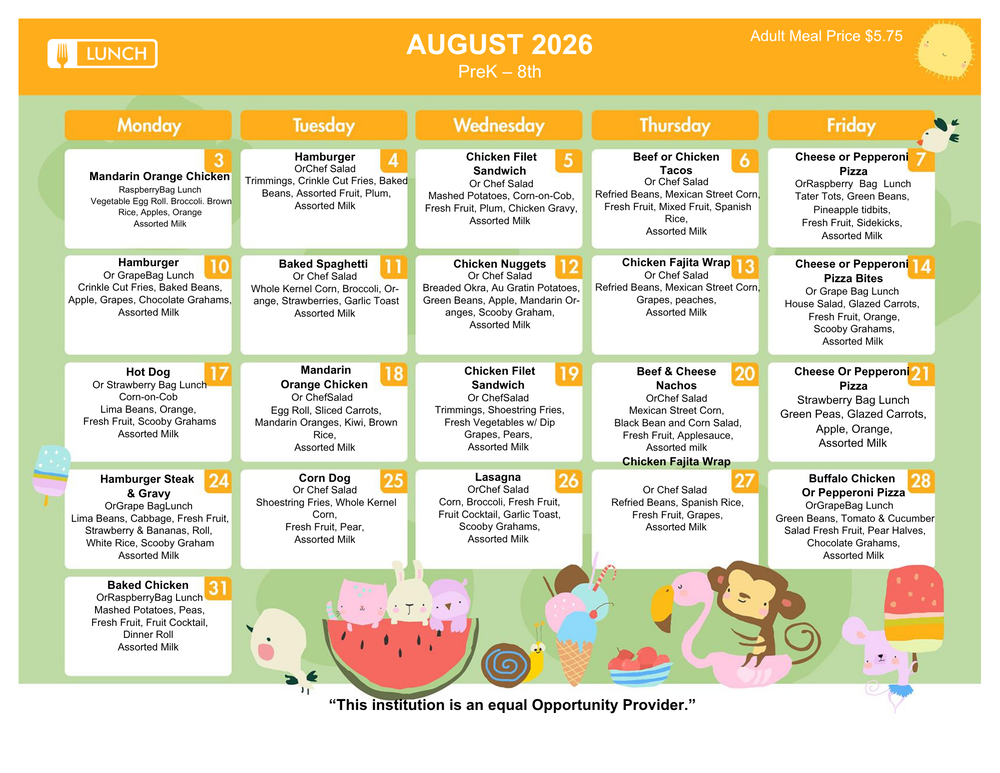 Lunch Menu for August 2026