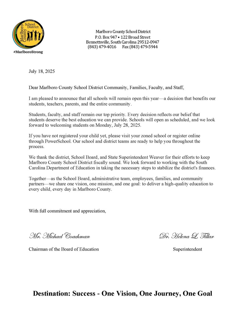 Letter from Chairman and Superintendent