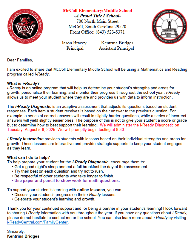 iReady Testing Letter