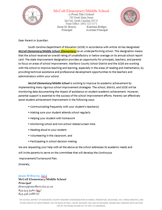 Parent Letter - State Report Card