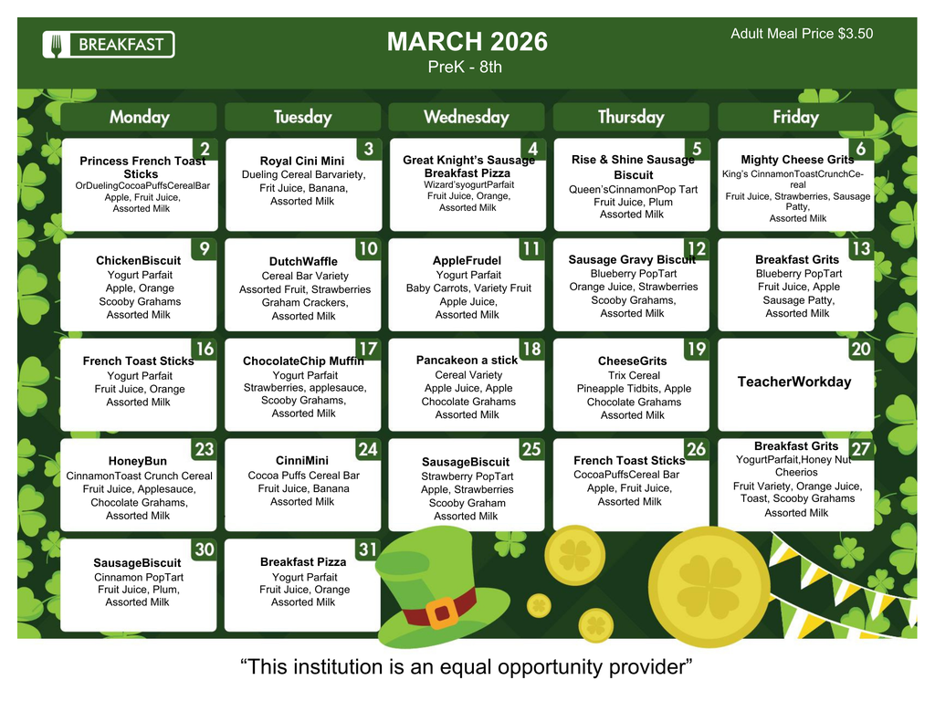 March Breakfast Menu