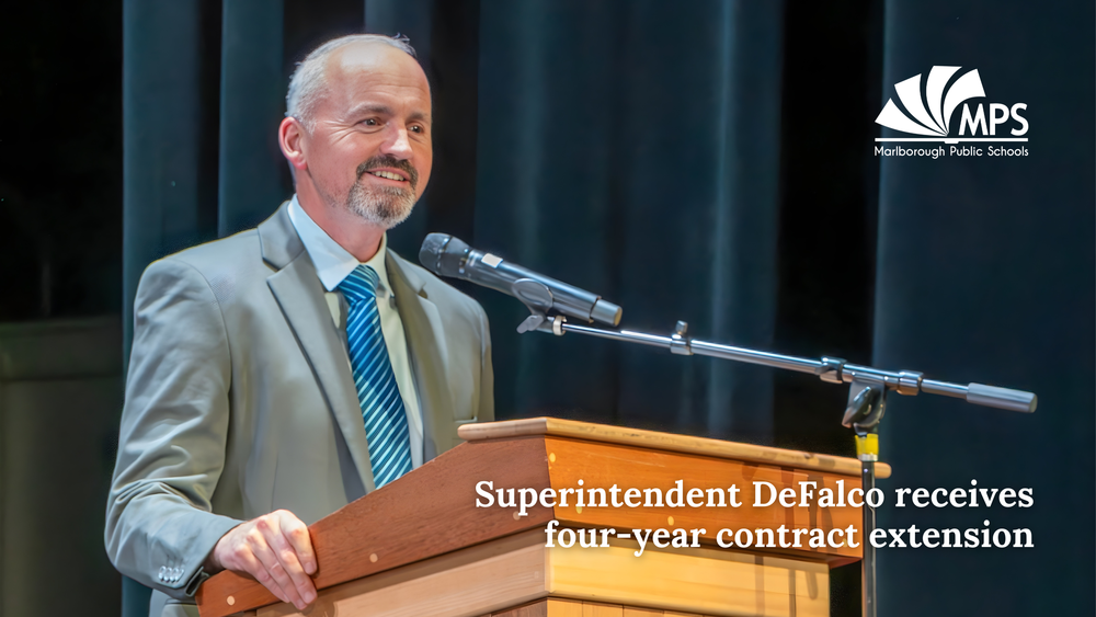 Photo of Dr. DeFalco with MPS logo and text that reads "Superintendent DeFalco receives four-yer contract."