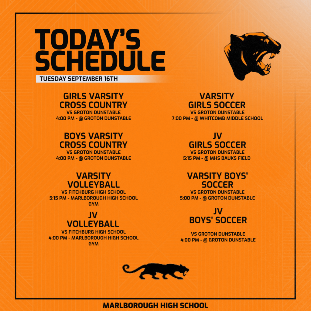 Today's MHS Athletics Schedule!  Boys Soccer & Cross Country Away @ Groton-Dunstable, Girls Soccer and Volleyball at home vs Groton-Dunstable and Framingham respectively. Go Panthers!