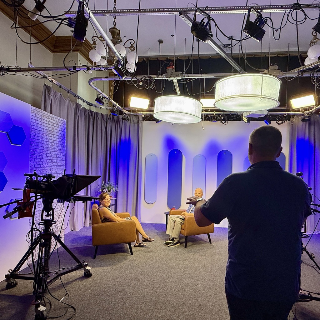 WMCT-TV's Mike Lawton directs Interim Superintendent Jason DeFalco and Assistant Superintendent Jody O'Brien during a taping of Super Saturday.