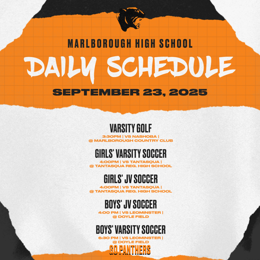 Today's MHS Athletic contests include a home golf match, girls soccer away at Tantasqua and boys soccer away at Leominster.