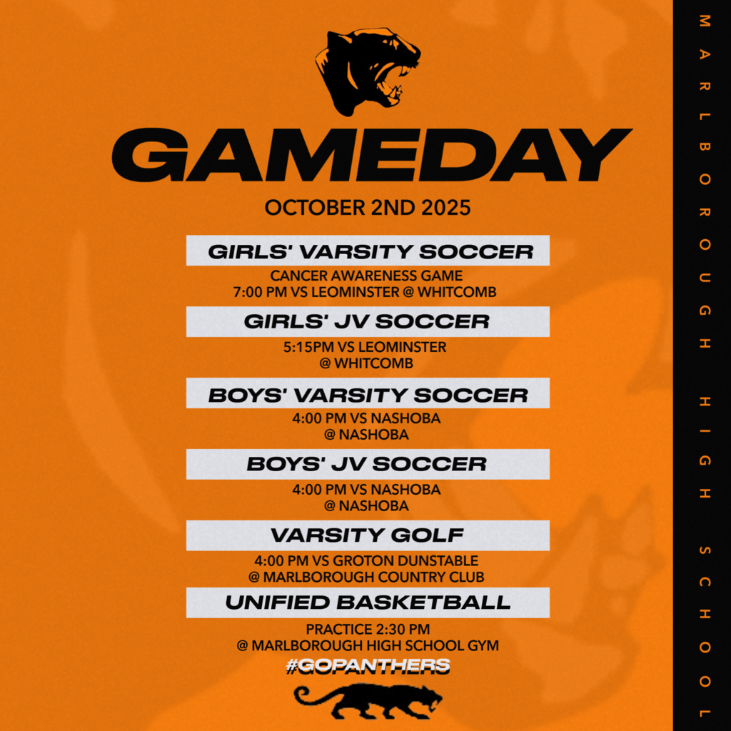 Today's Athletic Schedule for Marlborough High includes Golf vs Groton-Dunstable and Girls' Soccer vs Leominster at home and Boy's Soccer away at Nashoba.