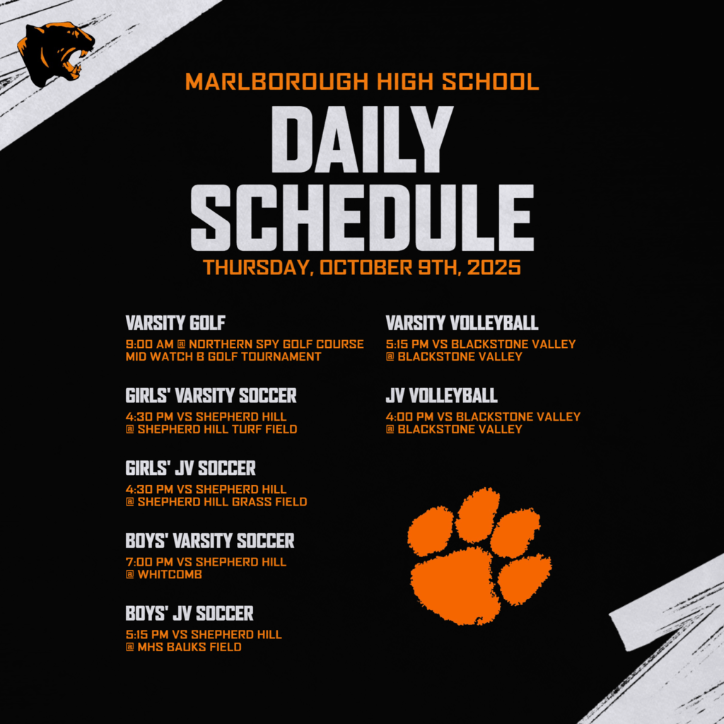 Today's Athletic events include Golf in their league championship, Volleyball at BVT and Girls Soccer at Shepherd Hill. Come support Boys Soccer as they host Shepherd Hill at 5:15 (JV) and 7 (Varsity). 