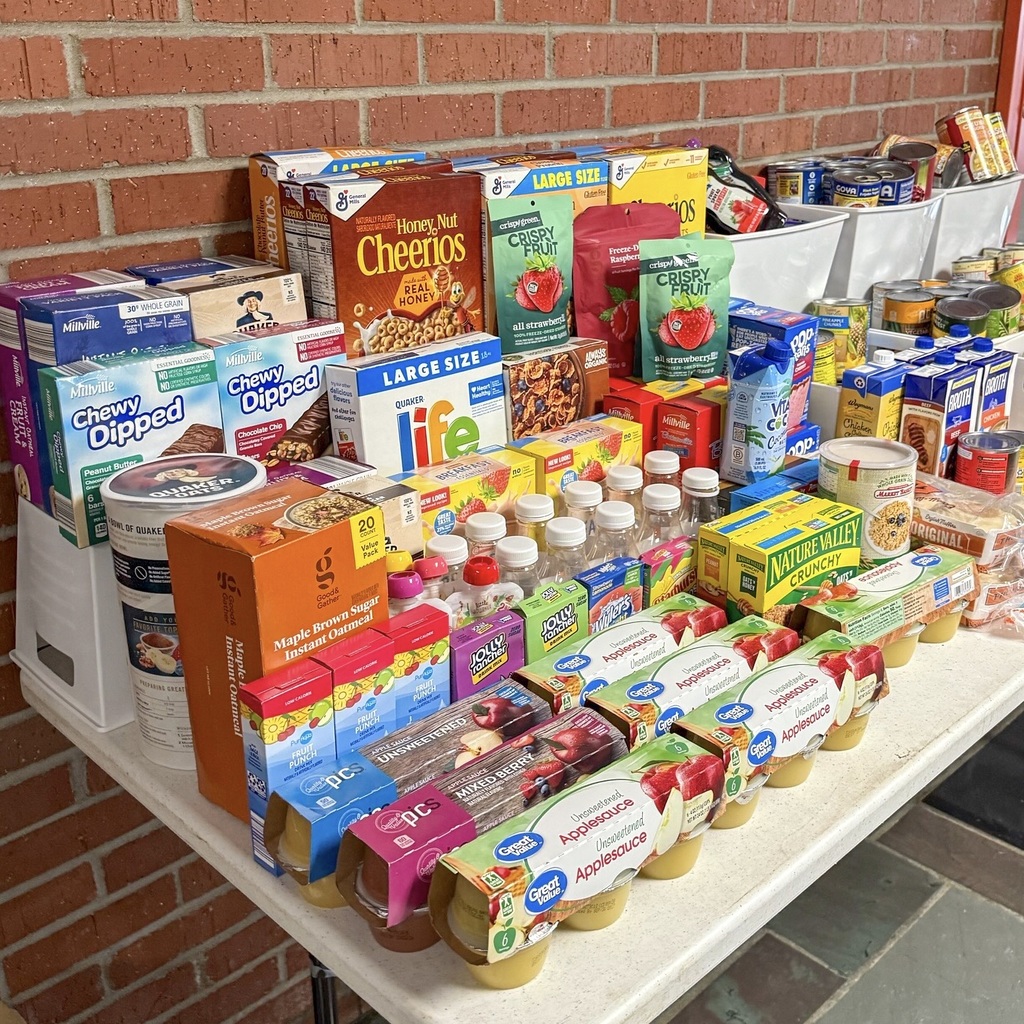 A table full of neatly organized nonperishable items and canned goods.