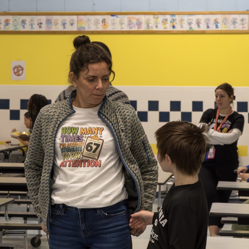 A Kane School teacher wearing a shirt that reads "How many times I've asked my students to pay attention: 67" stands, talking with a student in the cafeteria.