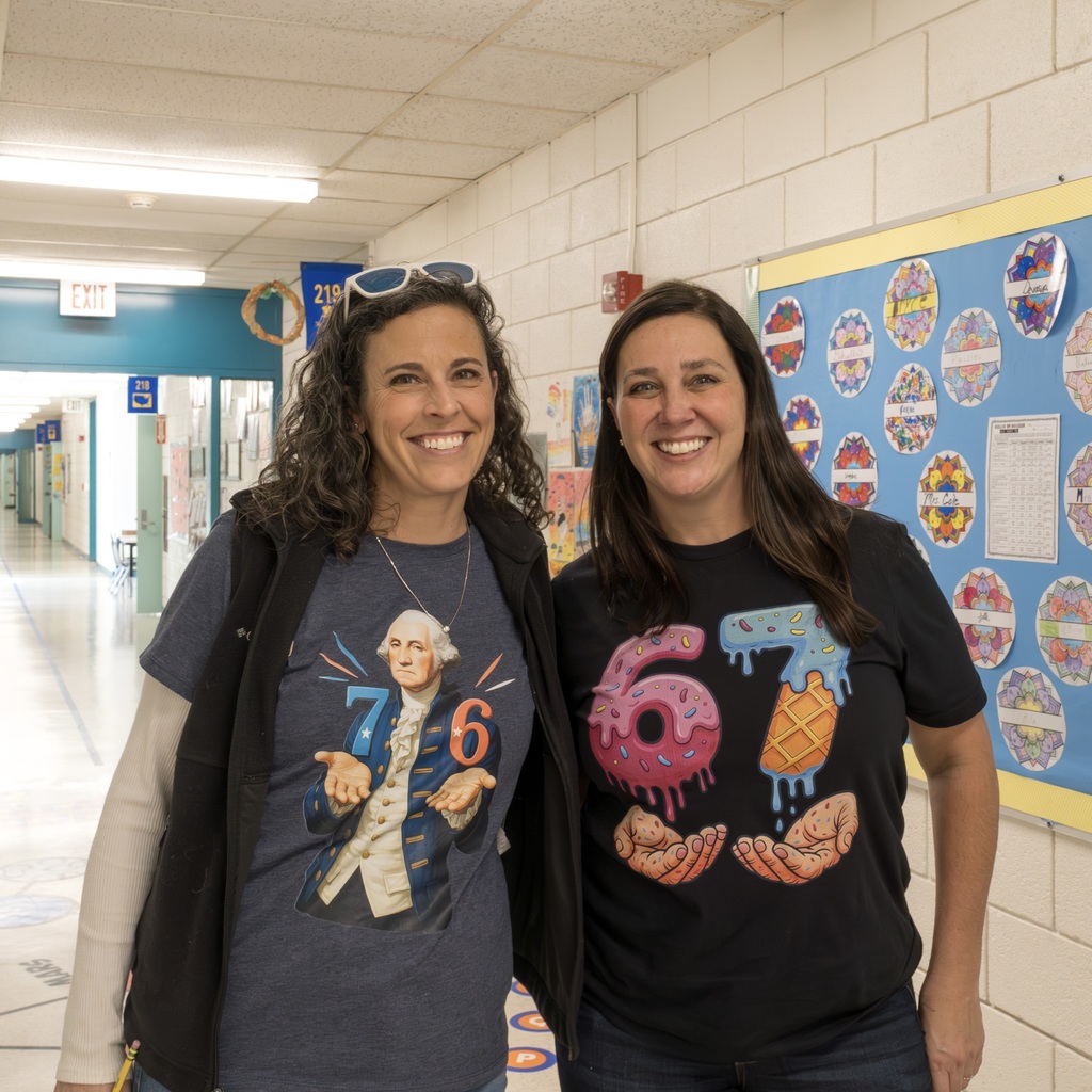 The SEL director and a Kane School staff member wearing 6-7 shirts pose for a group photo.