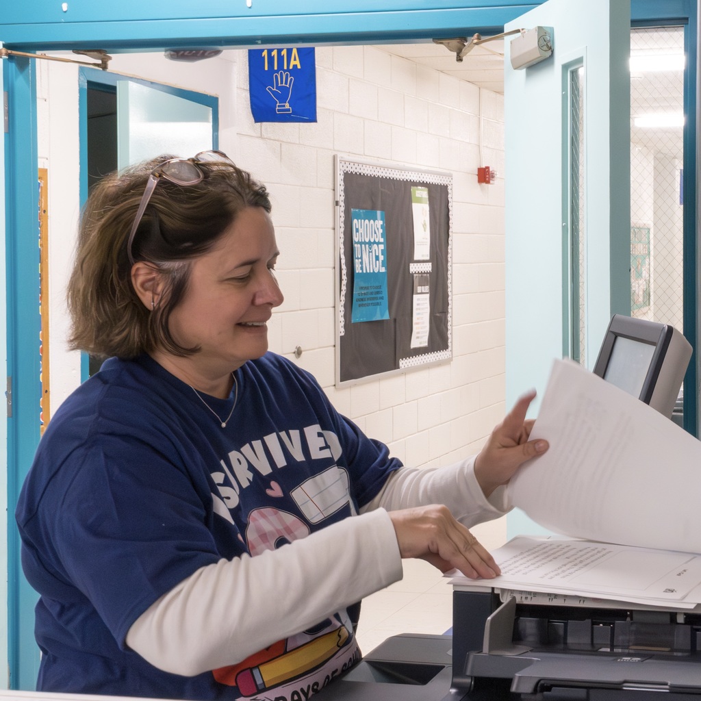 A Kane School teacher makes copies.