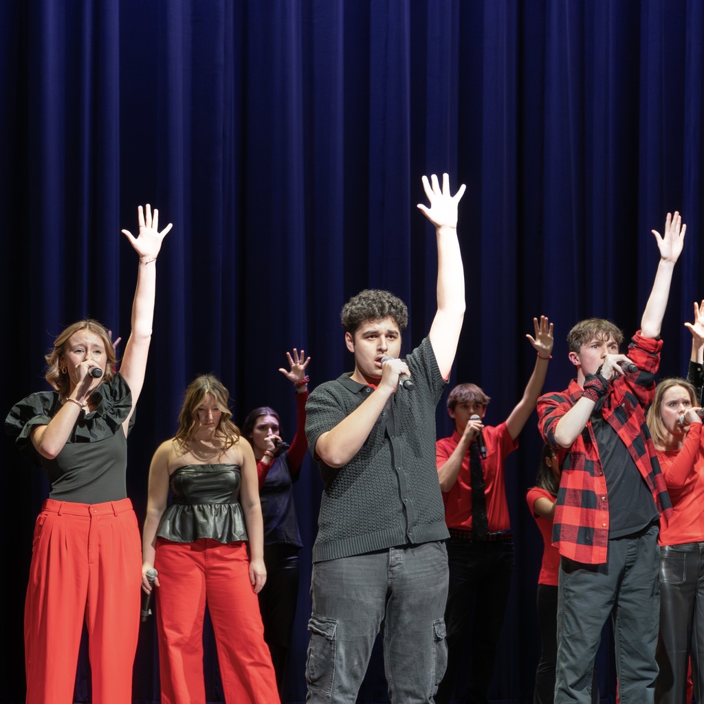 The Thursdays sing and dance on stage, with their left arm in the air.