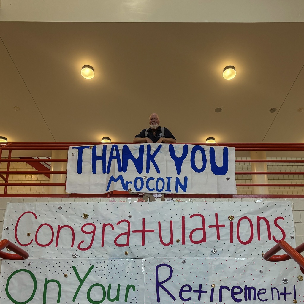 Jimmy O'Coin poses behind a railing. A poster below him reads "Thank you, Mr. O'Coin. Congratulations on your retirement!"