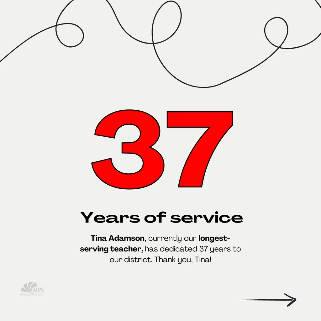 A graphic reads "37 years of service." Tina Adamson, currently our longest- serving teacher, has dedicated 37 years to our district. Thank you, Tina!"
