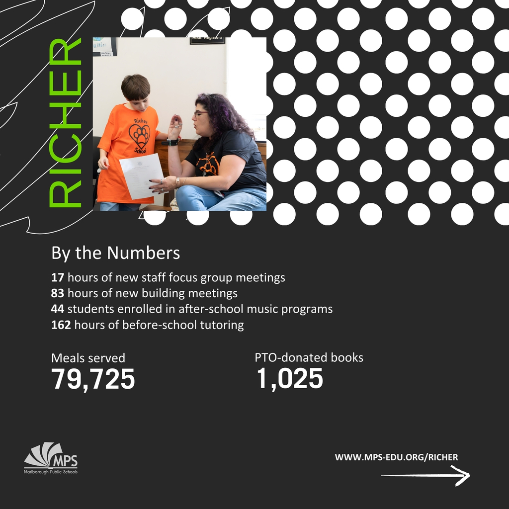 Graphic with Richer School stats anda photo of a Richer teacher and student.