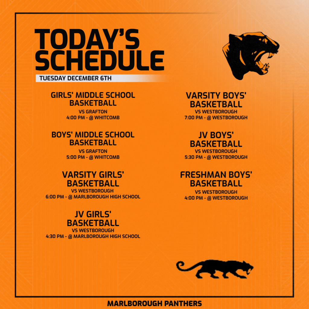 Boys Basketball @ Westborough today while the Girls are home vs Westborough. Middle School Basketball also travels to Grafton.