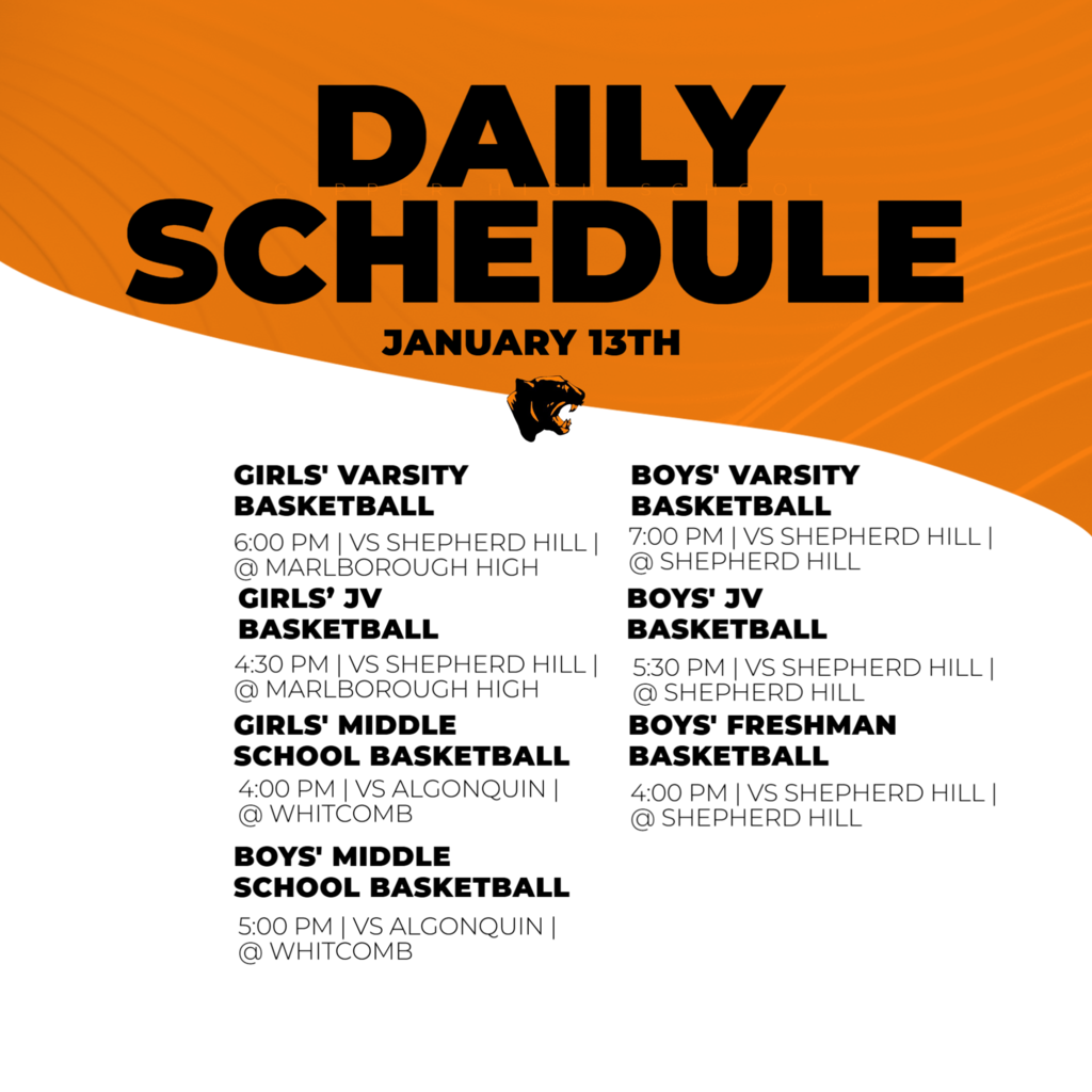 Boys Basketball will take to the road again to face league foe Shepherd Hill, while the Girls will host the Rams here at the Field House. The Whitcomb Middle School teams are also home today vs Trottier at 4 & 5 p.m. Go Panthers!