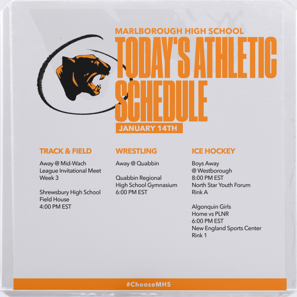 Today's Athletic Schedule includes away contests for Wrestling, Track & Field and Boys' Ice Hockey while the Algonquin Girls' Ice Hockey co-op is at home!
