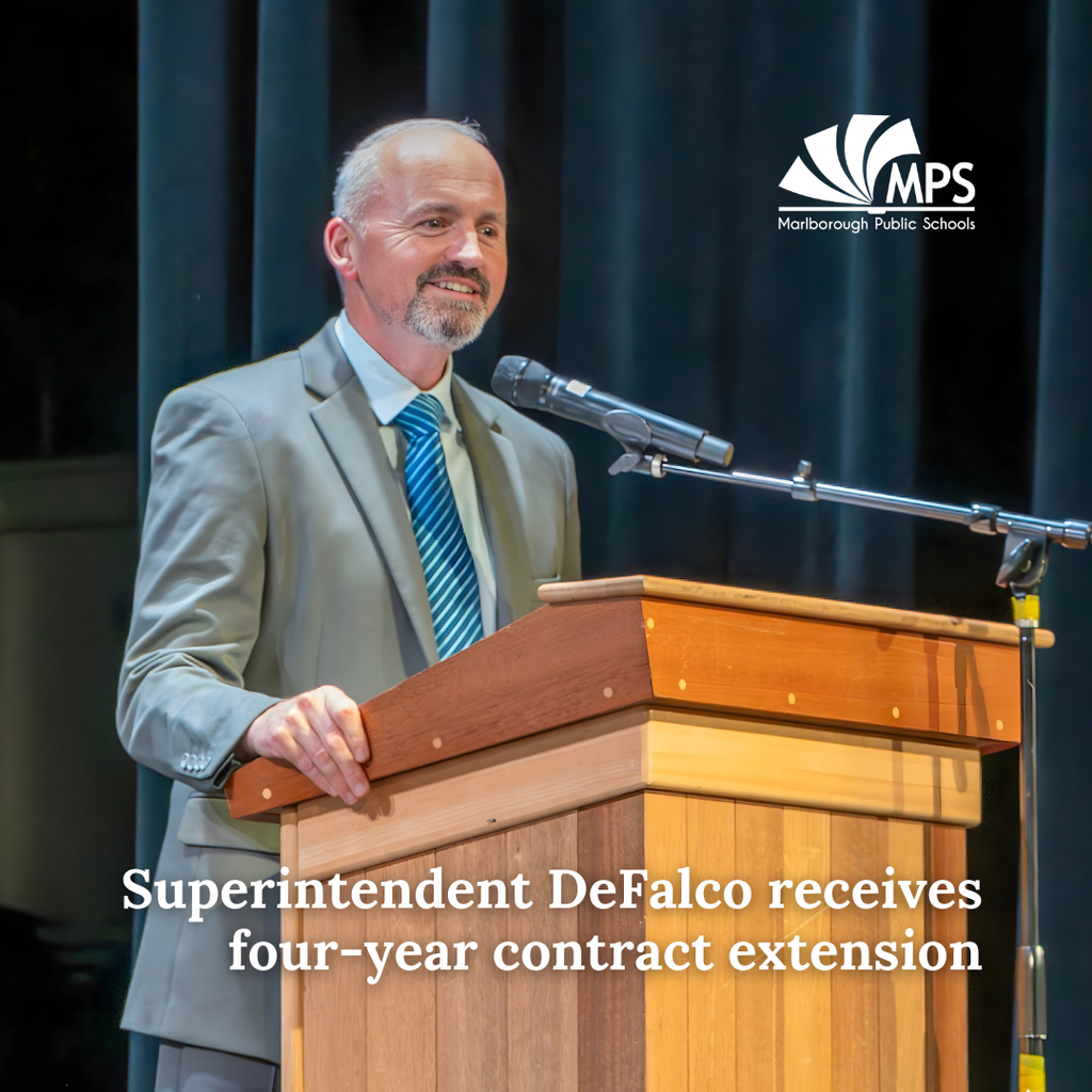  Photo of Dr. DeFalco with MPS logo and text that reads "Superintendent DeFalco receives four-year contract."