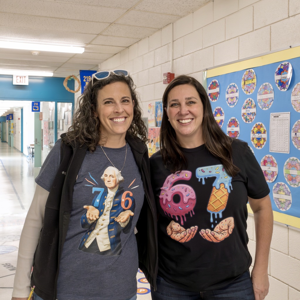 SEL Director Lindsay Castro and another staff member pose for a group photo in the middle of a school hallway.